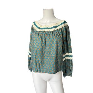 Luna Moon Peasant Blouse Off the Shoulder Blue Orange Floral Print Size XL